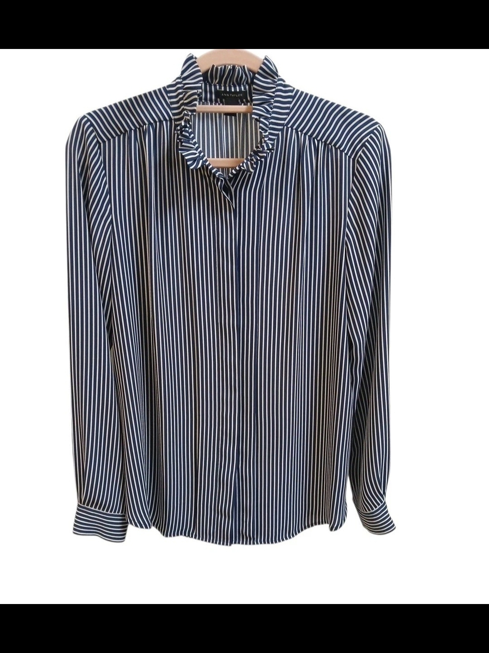 Ann Taylor Navy and White Striped Ruffle-Neck Dress Shirt #106
